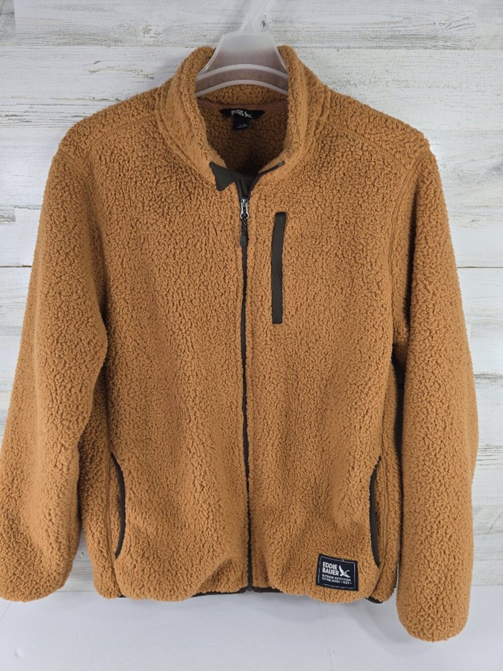 EDDIE BAUER MEN SIZE MEDIUM Extra Warm Soft Cozy TAN BROWN Fleece Jacket POCKETS